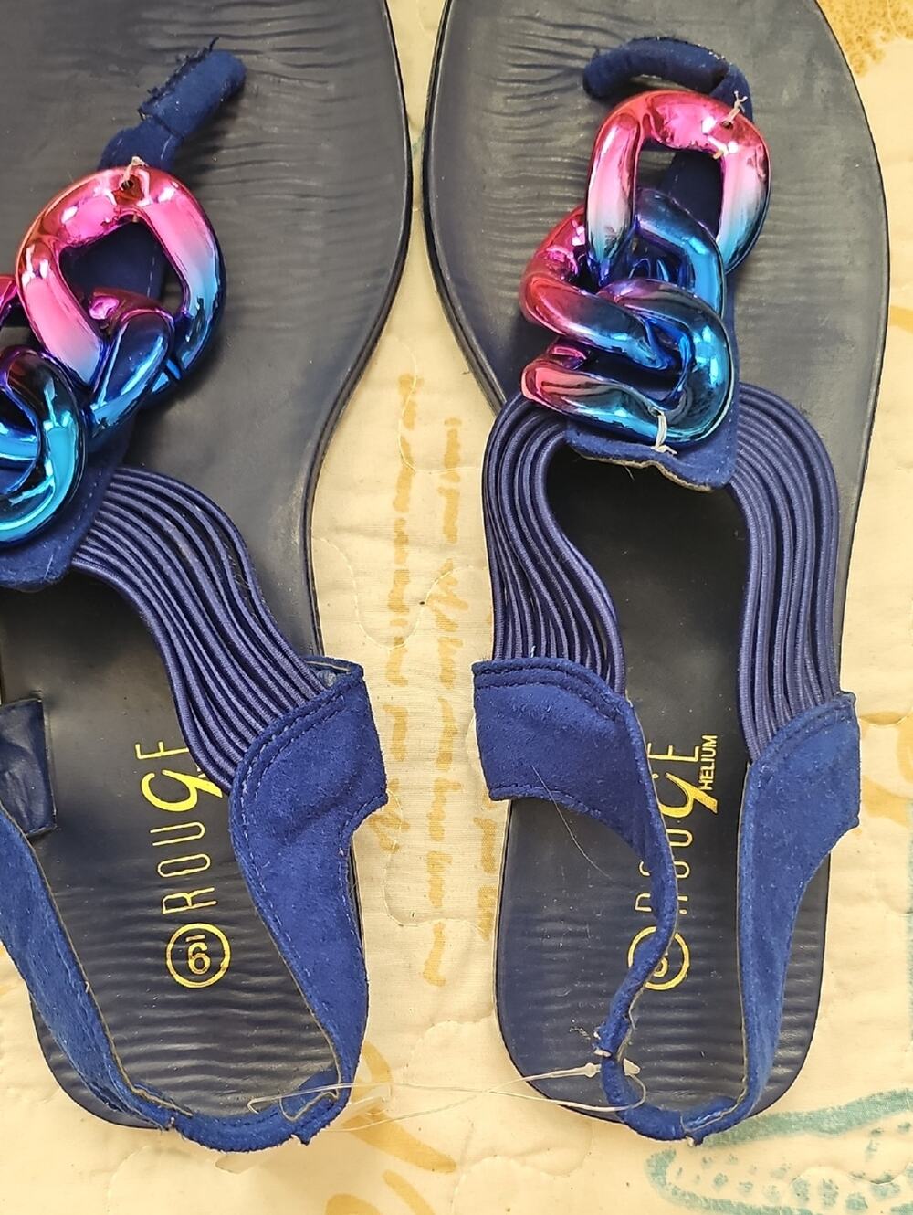 Rouge Helium Women's Navy Blue Slingback Sandals & Iridescent Chain Accent SZ 9